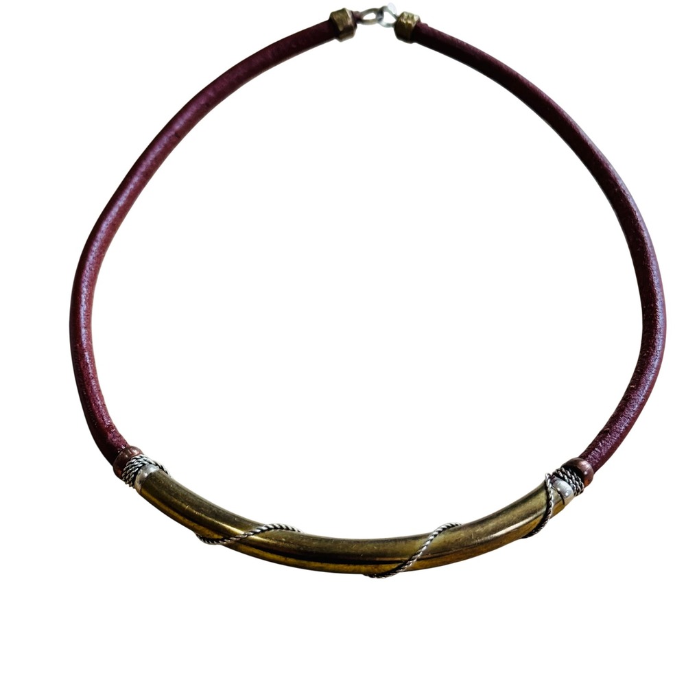 Choker Tube Necklace VTG Statement Collar Brass Modernist MCM 70s Bolted Leather